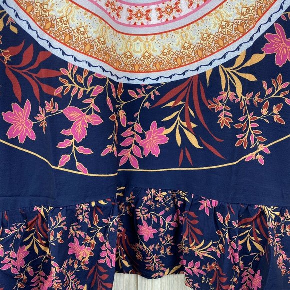 Navy Orange Floral Medallion Print Tunic Top S M - Picture 7 of 9